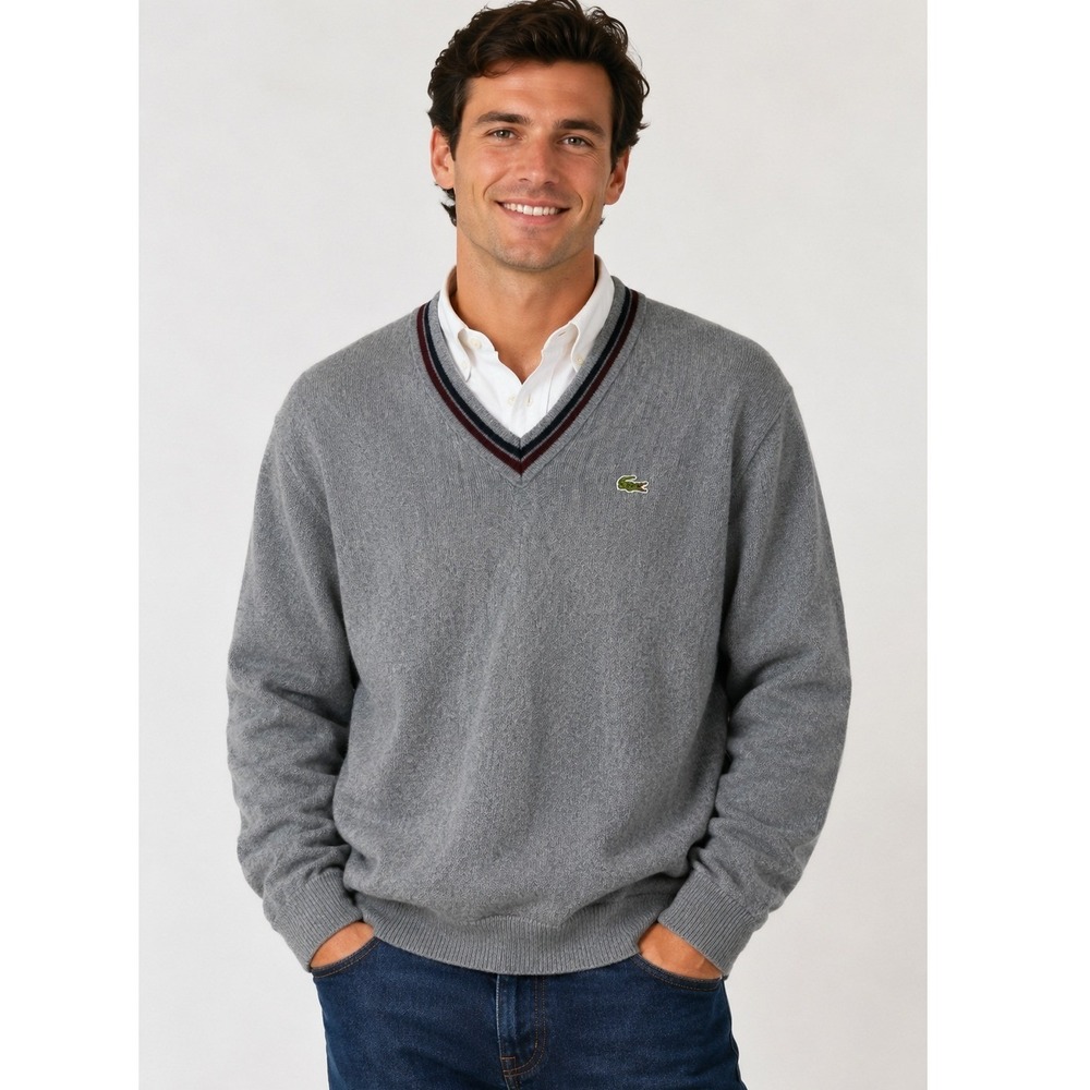 Vintage Izod Lacoste V-Neck Sweater Gray Striped Trim ILGWU Made Mens L